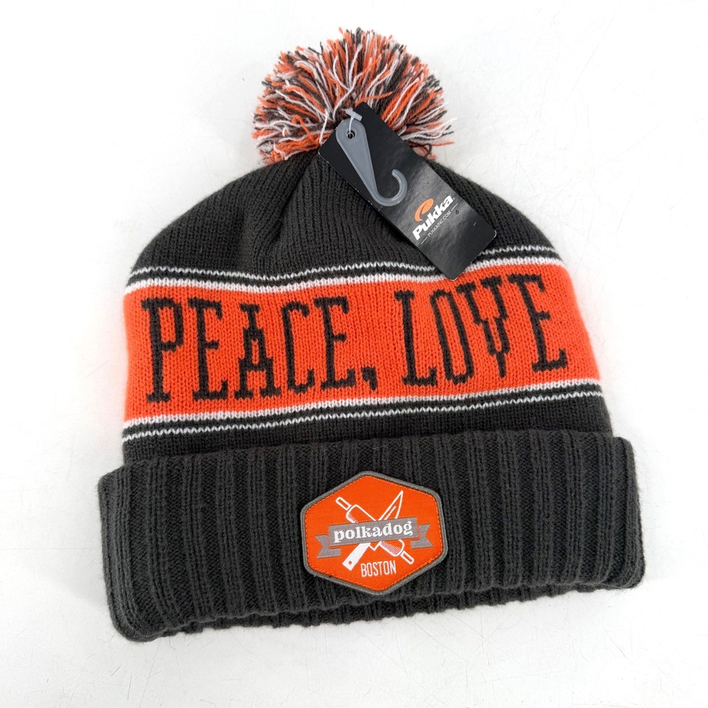 NWT Pukka Polkadog Beanie‎ Unisex OS Grey Orange Peace Love Pom Pom Boston
